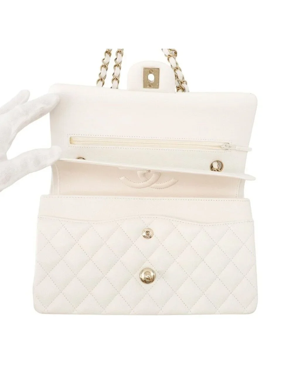 Chanel Chain Shoulder Bag Quilted 25 CC Logo Caviar Leather Double White